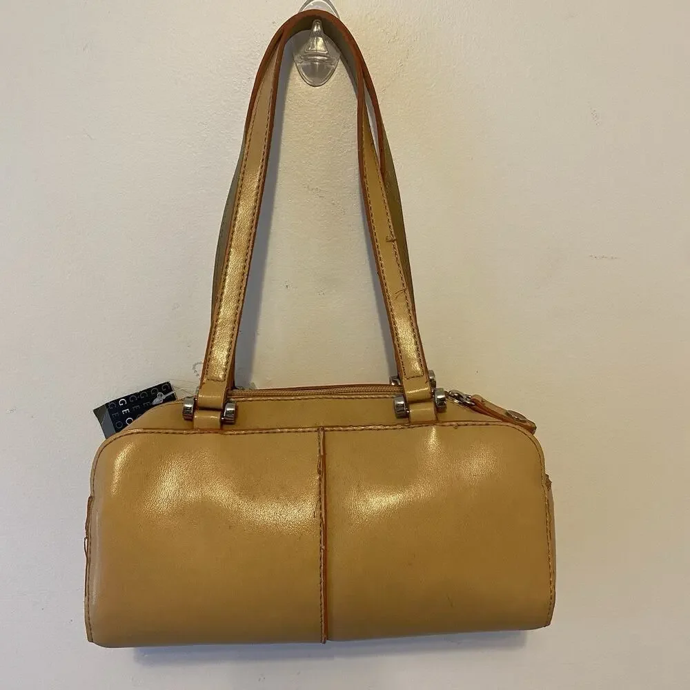 Rare Geoffrey Beene Stimulated Leather Barrel Handbag Bag Beige Shoulder Strap